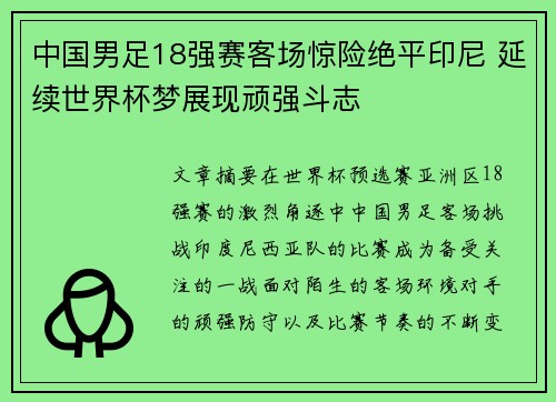 中国男足18强赛客场惊险绝平印尼 延续世界杯梦展现顽强斗志