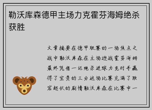 勒沃库森德甲主场力克霍芬海姆绝杀获胜